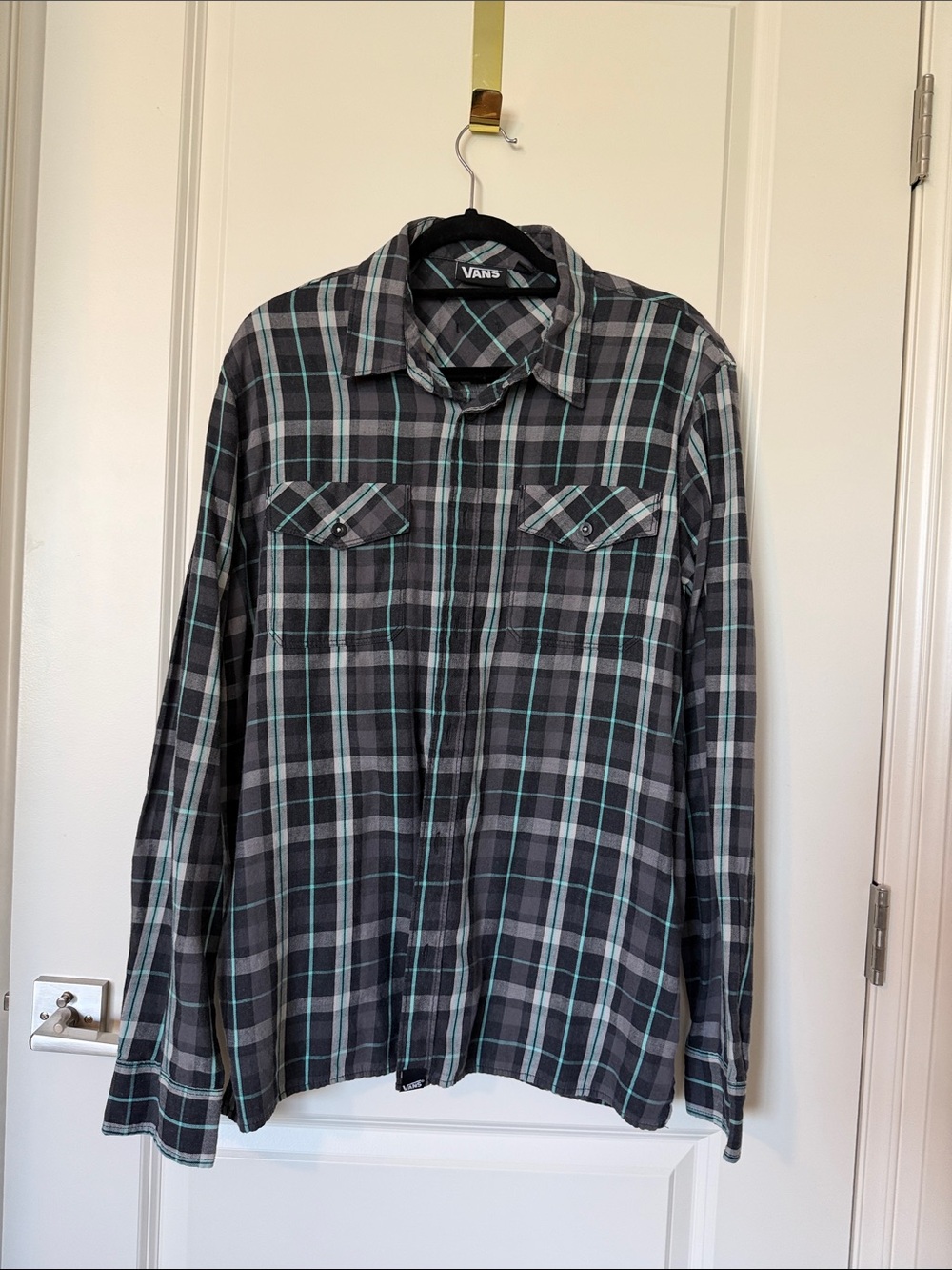 Vans Gray Plaid Button-Down Shirt with Teal Stripes, Large